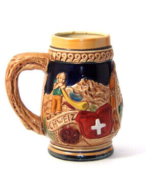 Schweiz Suisse Switzerland Small Beer Stein Man Playing alpenhorn - long horn